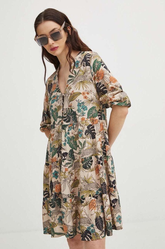 Sukienka damska midi wzorzysta kolor beżowy midi beżowy RS24.SUD052