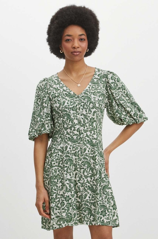 Sukienka damska mini wzorzysta kolor kremowy rozkloszowany kremowy RS24.SUD072