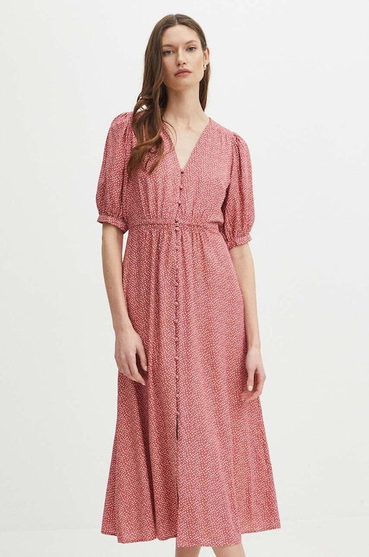 Sukienka damska maxi wzorzysta kolor różowy rozkloszowany różowy RS24.SUD092