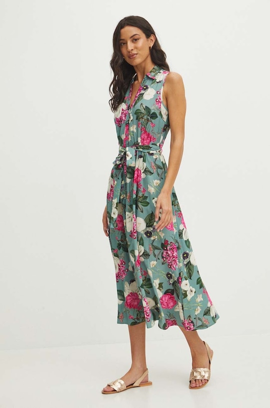 Sukienka midi z paskiem wzorzysta kolor turkusowy midi turkusowy RS24.SUD0B0