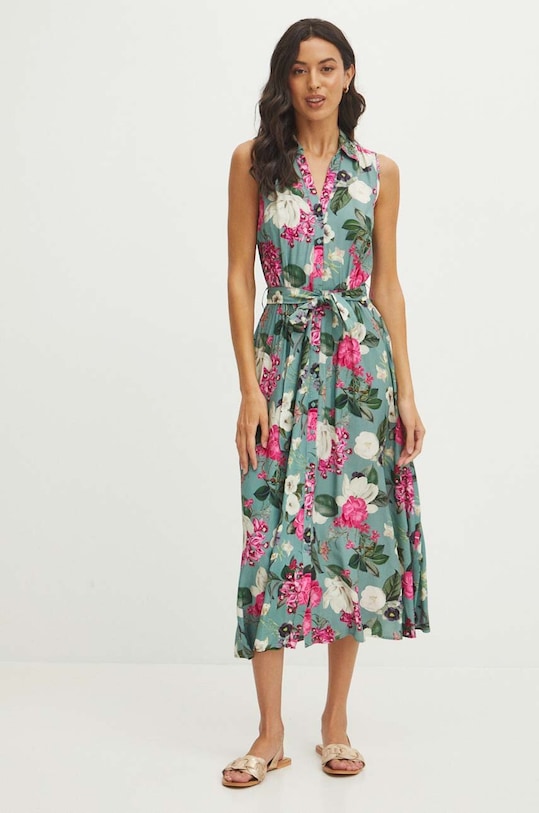 Sukienka midi z paskiem wzorzysta kolor turkusowy RS24.SUD0B0 turkusowy RS24