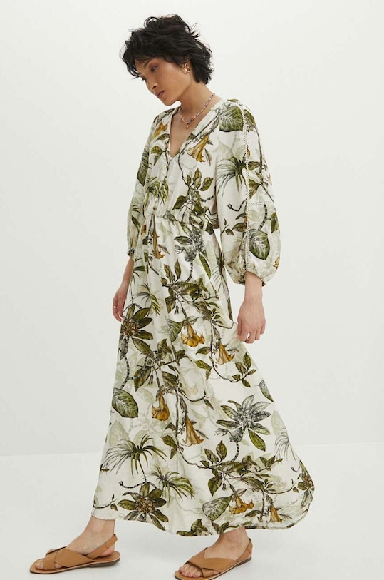 Sukienka z domieszką lnu damska maxi wzorzysta kolor cielisty RS24.SUD700 cielisty RS24