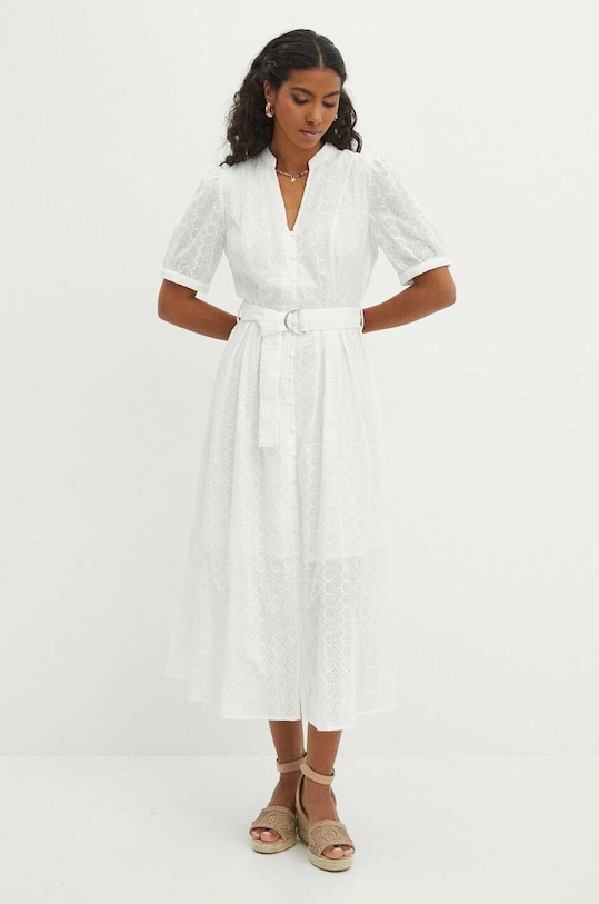 Sukienka bawełniana damska midi z ozdobnym haftem kolor beżowy aplikacja beżowy RS24.SUD807