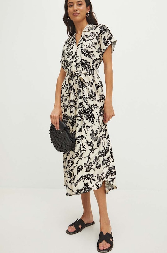 Sukienka z domieszką lnu damska midi wzorzysta kolor beżowy midi beżowy RS24.SUDA05