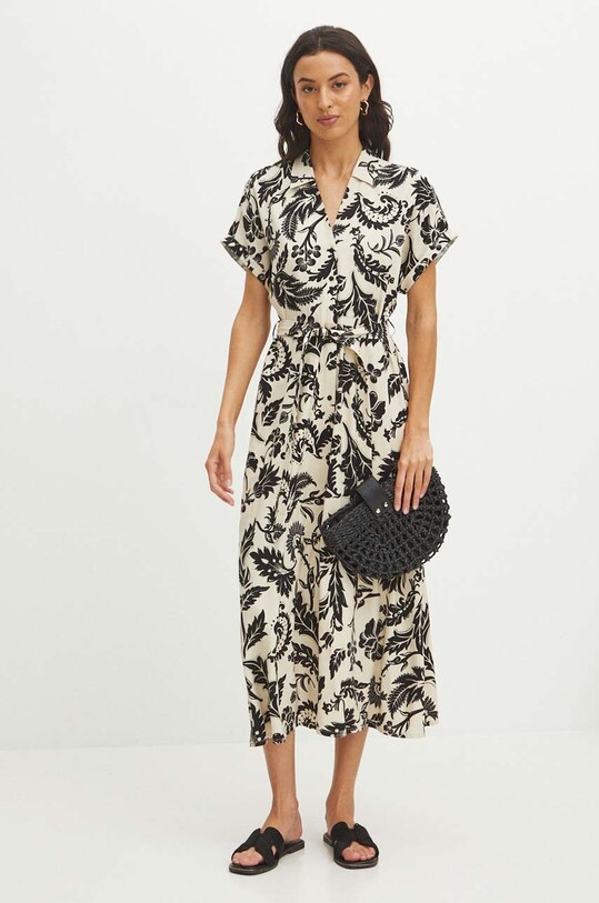 Sukienka z domieszką lnu damska midi wzorzysta kolor beżowy RS24.SUDA05 beżowy RS24