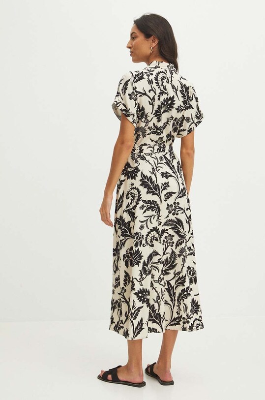 Odzież Sukienka z domieszką lnu damska midi wzorzysta kolor beżowy RS24.SUDA05 beżowy