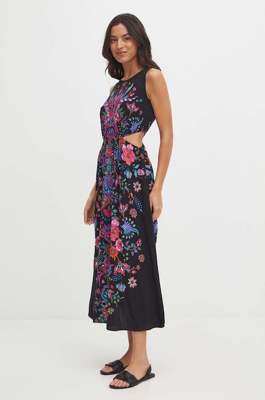 Sukienka damska midi wzorzysta z ozdobnymi wycięciami kolor czarny midi czarny RS24.SUDB03