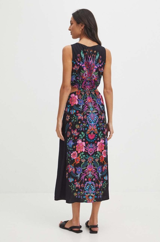 Odzież Sukienka damska midi wzorzysta z ozdobnymi wycięciami kolor czarny RS24.SUDB03 czarny