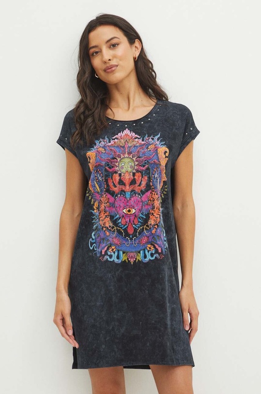 Sukienka bawełniana damska mini z nadrukiem kolor szary okrągły szary RS24.SUDB05