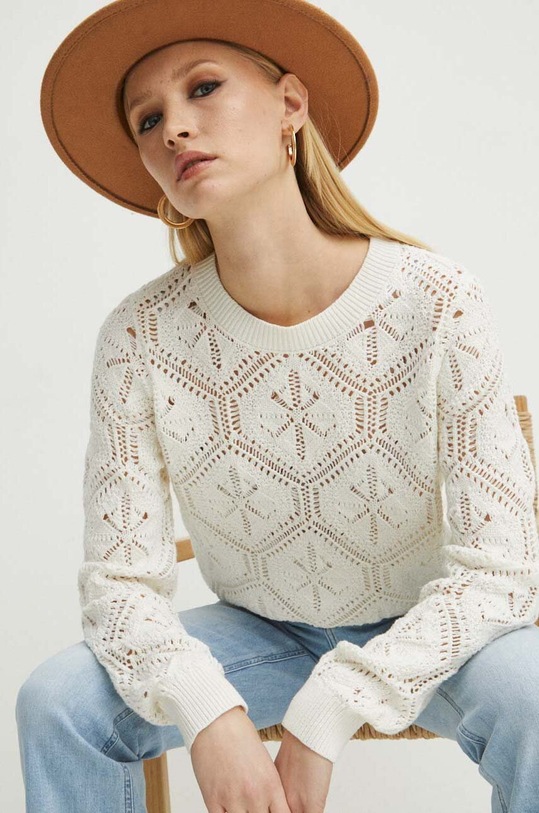 Sweter bawełniany damski ażurowy kolor beżowy bawełna beżowy RS24.SWD207
