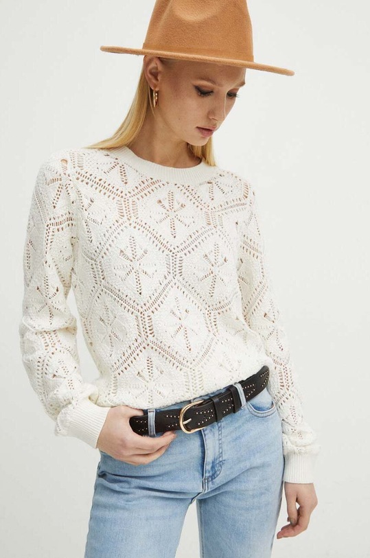 Sweter bawełniany damski ażurowy kolor beżowy beżowy RS24.SWD207