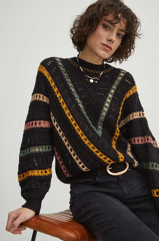 Sweter damski ażurowy kolor czarny średniej grubości czarny RS24.SWD401