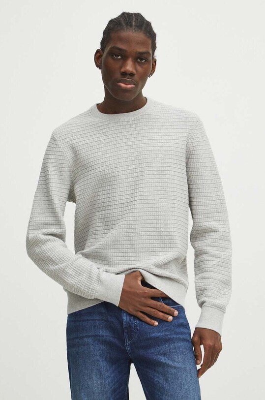 Sweter bawełniany męski z fakturą kolor szary bawełna szary RS24.SWM020