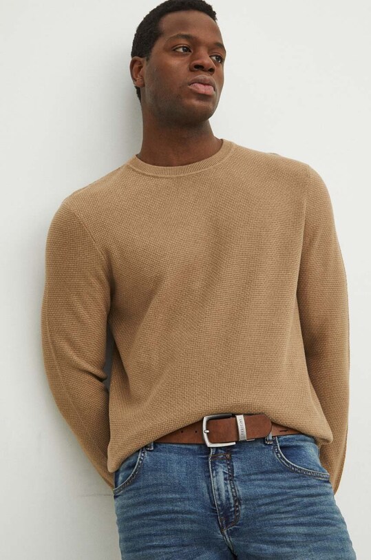 Sweter bawełniany męski z fakturą kolor beżowy RS24.SWM030 beżowy RS24