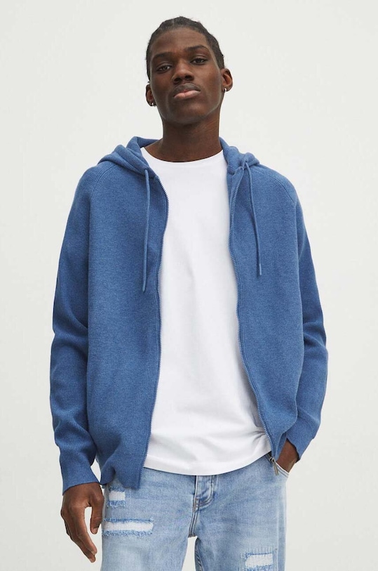 Kardigan męski z kapturem kolor niebieski średniej grubości niebieski RS24.SWM202