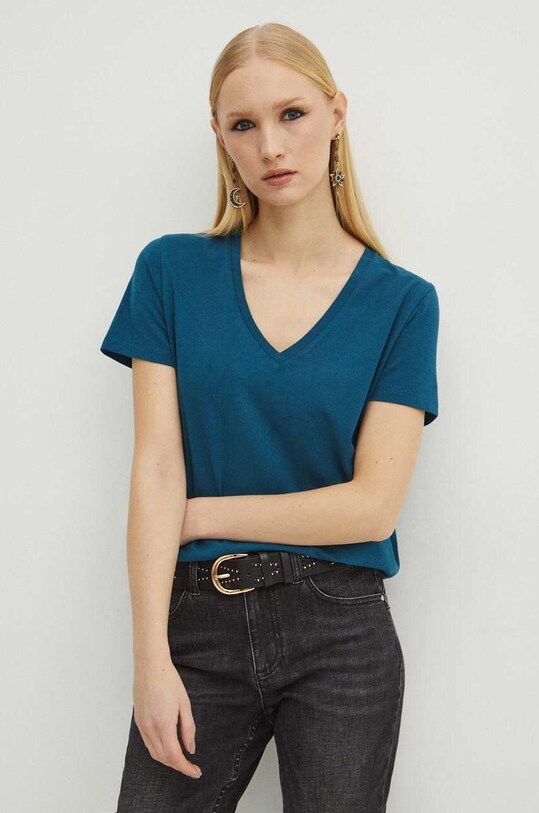 Bavlnené tričko dámske s prímesou elastanu zelená farba tyrkysová RS24.TSD011