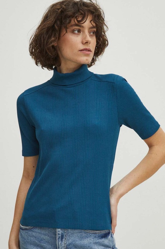 T-shirt bawełniany damski kolor turkusowy z elastanem turkusowy RS24.TSD041