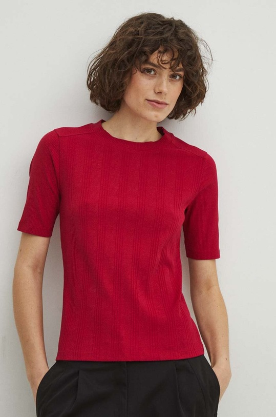 T-shirt bawełniany damski z domieszką elastanu prążkowany kolor różowy różowy RS24.TSD042