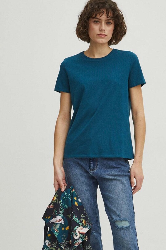 T-shirt bawełniany damski z domieszką elastanu kolor turkusowy gładkie turkusowy RS24.TSD043