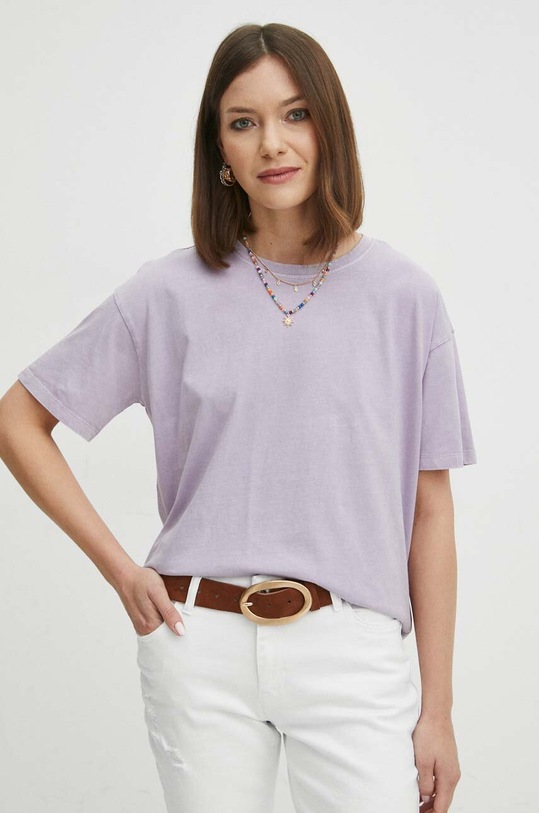T-shirt bawełniany damski z efektem sprania kolor fioletowy fioletowy RS24.TSD060