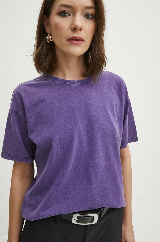 T-shirt bawełniany damski z efektem sprania kolor fioletowy fioletowy RS24.TSD060