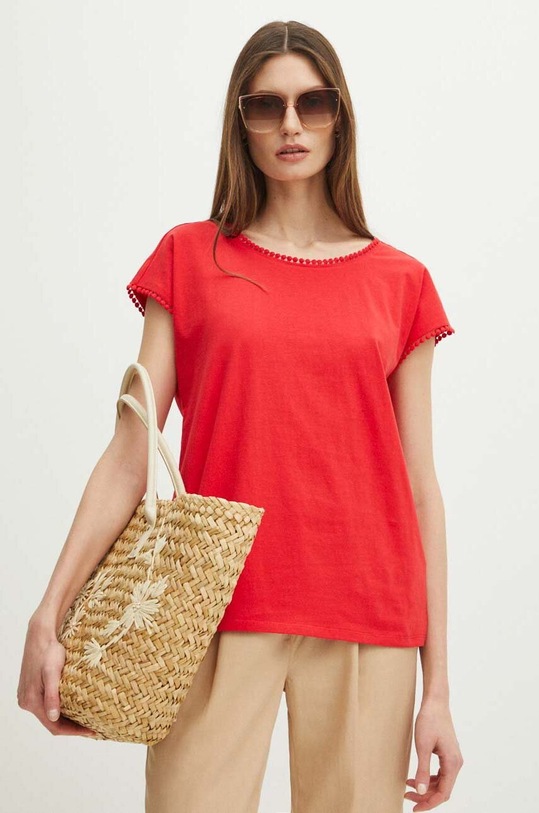 T-shirt bawełniany damski z ozdobną aplikacją kolor czerwony aplikacja czerwony RS24.TSD091