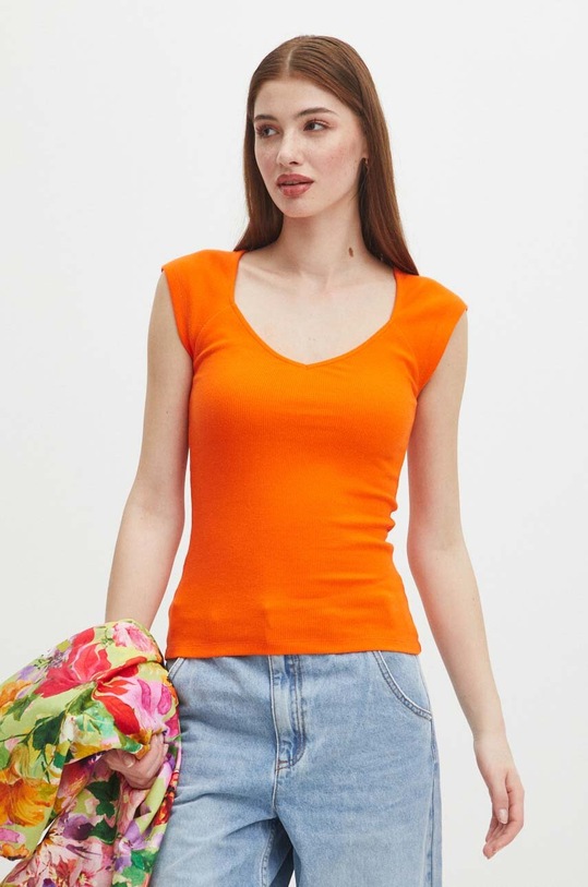 T-shirt bawełniany damski z domieszką elastanu prążkowany kolor pomarańczowy pomarańczowy RS24.TSD0A1