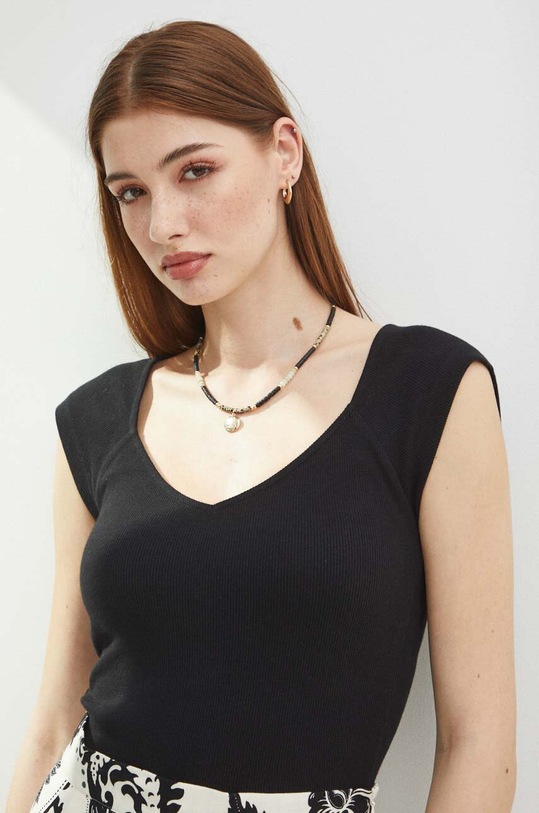 T-shirt bawełniany damski z domieszką elastanu prążkowany kolor czarny z elastanem czarny RS24.TSD0A1