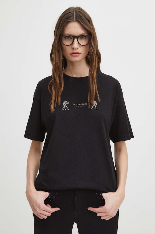 T-shirt bawełniany damski z kolekcji Zodiak - Bliźnięta kolor czarny RS24.TSD152 czarny RS24