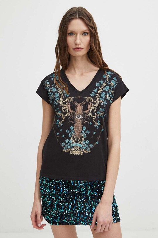 T-shirt bawełniany damski z kolekcji Zodiak - Rak kolor czarny RS24.TSD153 czarny