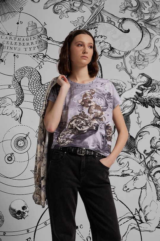 T-shirt bawełniany damski z kolekcji Zodiak - Byk kolor szary bawełna szary RS24.TSD154