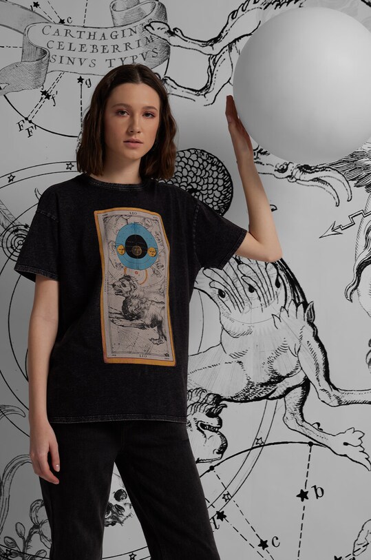T-shirt bawełniany damski z kolekcji Zodiak - Lew kolor szary okrągły szary RS24.TSD155