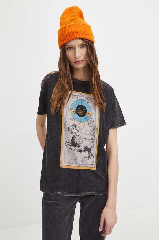 T-shirt bawełniany damski z kolekcji Zodiak - Lew kolor szary RS24.TSD155 szary RS24