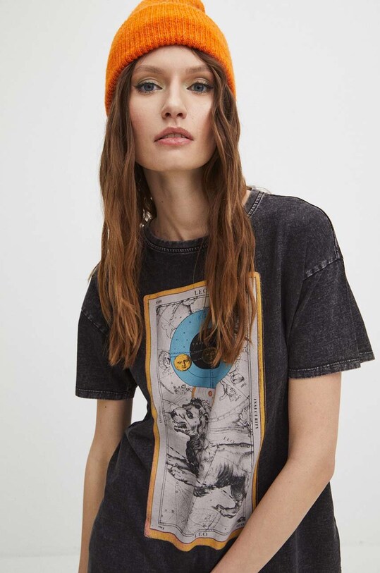 T-shirt bawełniany damski z kolekcji Zodiak - Lew kolor szary RS24.TSD155 szary