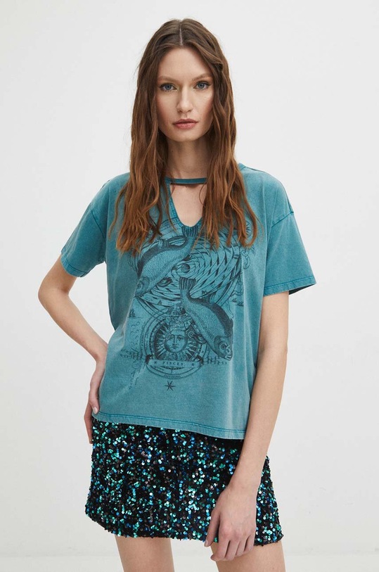T-shirt bawełniany damski z kolekcji Zodiak - Ryby kolor turkusowy RS24.TSD161 turkusowy