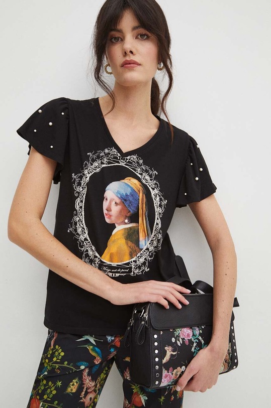 Bavlněné tričko dámské z kolekce Eviva L'arte černá barva RS24.TSD252 černá RS24