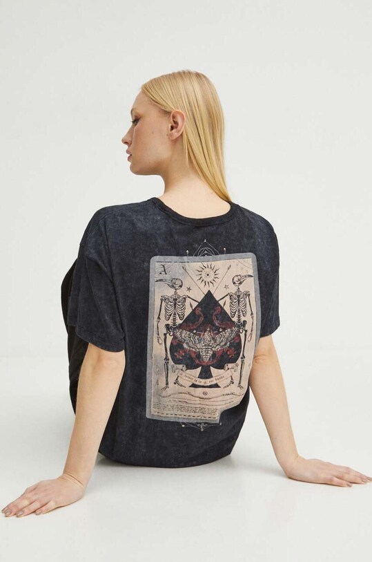 T-shirt bawełniany damski z kolekcji Love Alchemy kolor szary okrągły szary RS24.TSD268