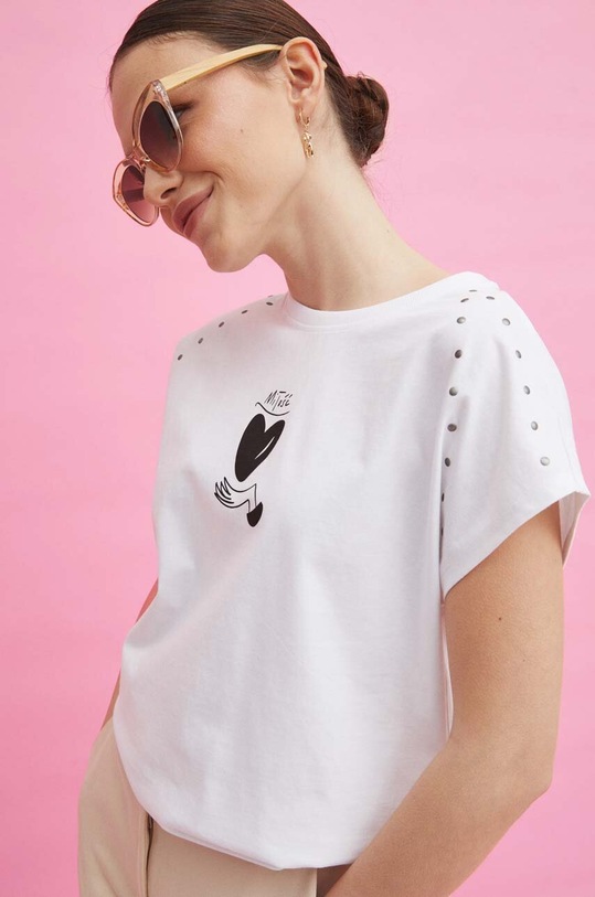 T-shirt bawełniany damski by Magda Danaj - Porysunki kolor biały okrągły biały RS24.TSD271