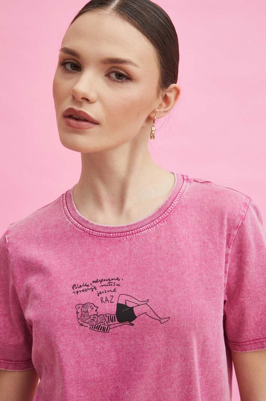 T-shirt bawełniany damski by Magda Danaj - Porysunki kolor fioletowy okrągły fioletowy RS24.TSD273