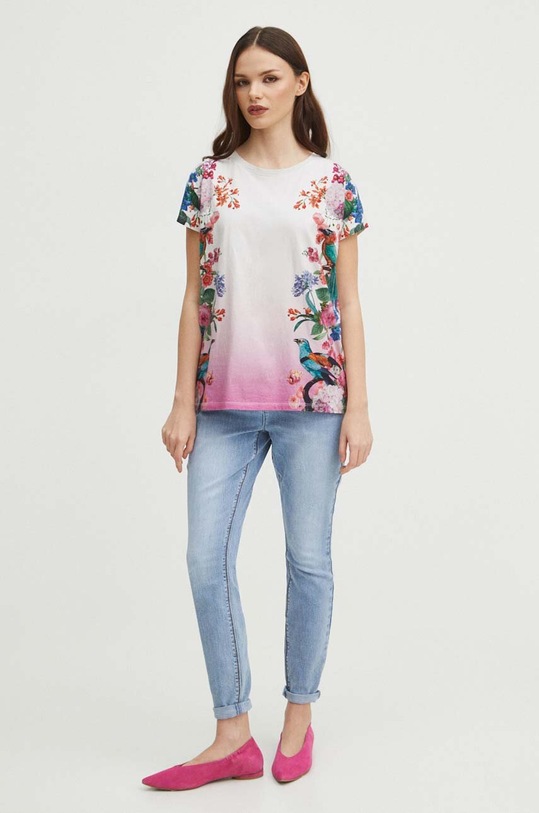 T-shirt bawełniany damski z nadrukiem kolor beżowy RS24.TSD300 beżowy RS24