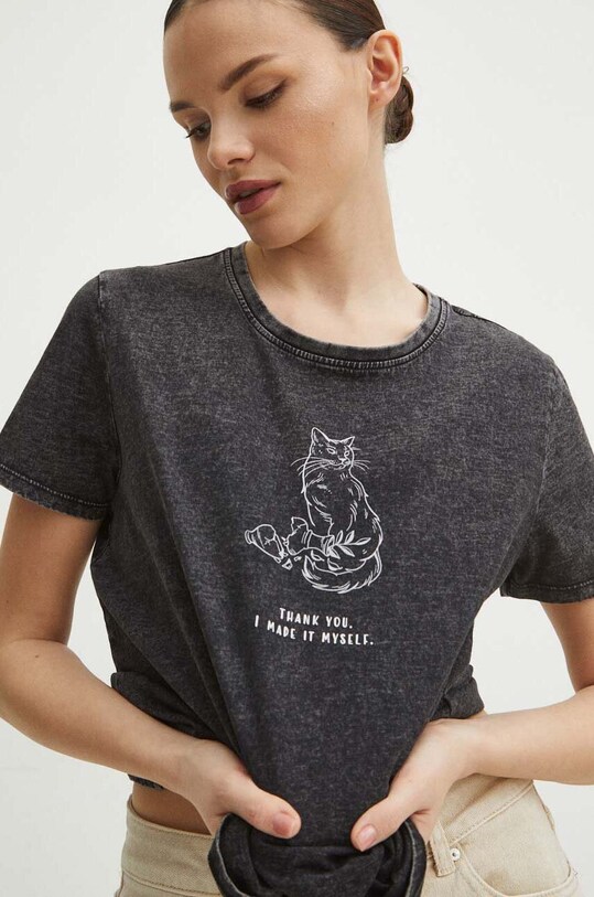 T-shirt bawełniany damski z kolekcji Dzień Kota kolor szary okrągły szary RS24.TSD350