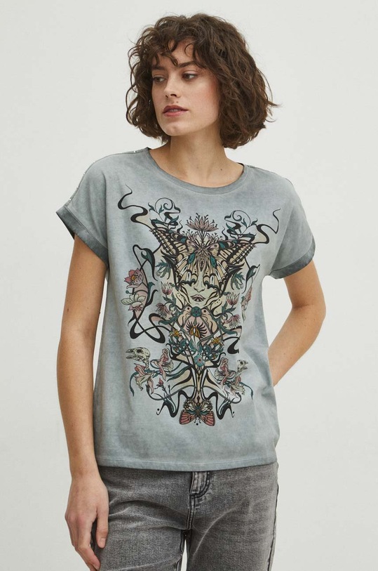 T-shirt bawełniany damski z nadrukiem kolor szary okrągły szary RS24.TSD402