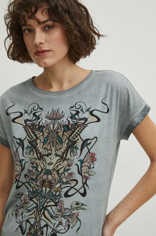 T-shirt bawełniany damski z nadrukiem kolor szary szary RS24.TSD402