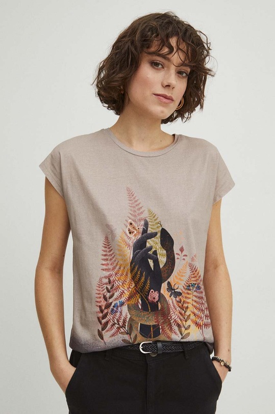 T-shirt bawełniany damski by Karolina Liczman, Grafika Polska kolor beżowy RS24.TSD450 beżowy RS24