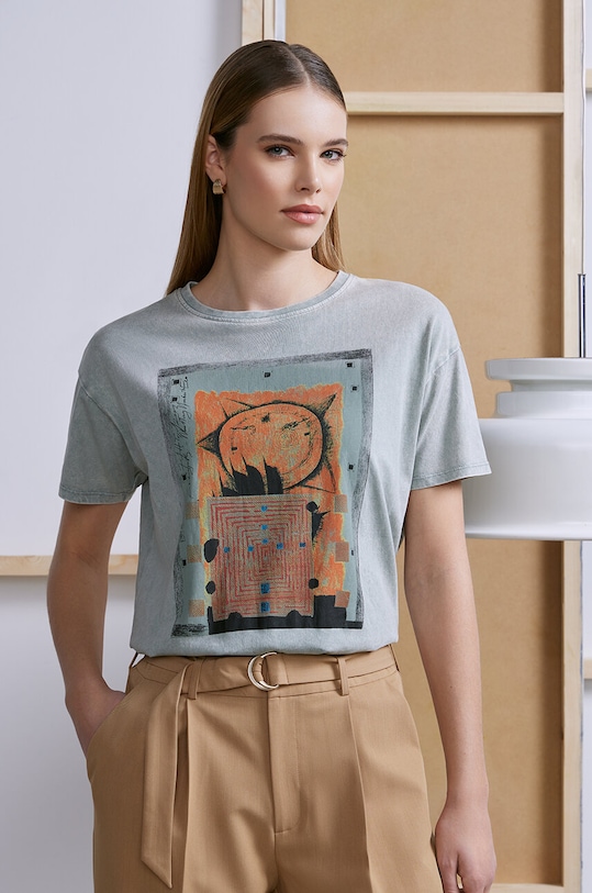 T-shirt bawełniany damski by Józef Hołard, Grafika Polska kolor turkusowy okrągły turkusowy RS24.TSD453