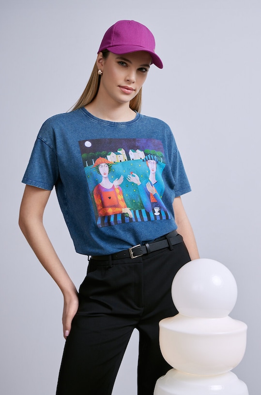 T-shirt bawełniany damski by Mirosław Nowiński, Grafika Polska kolor turkusowy okrągły turkusowy RS24.TSD453