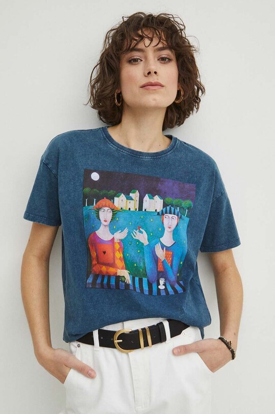 T-shirt bawełniany damski by Mirosław Nowiński, Grafika Polska kolor turkusowy RS24.TSD453 turkusowy RS24