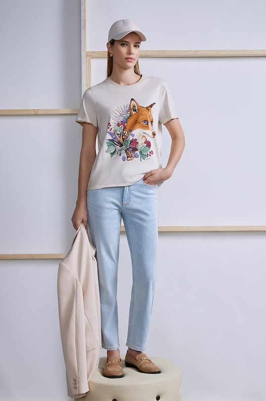 T-shirt bawełniany damski by Joanna Matras, Grafika Polska kolor beżowy okrągły beżowy RS24.TSD454