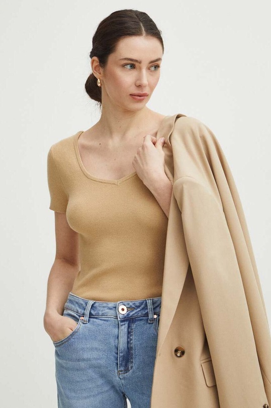 Tričko dámske sveterové béžová farba slim béžová RS24.TSD504