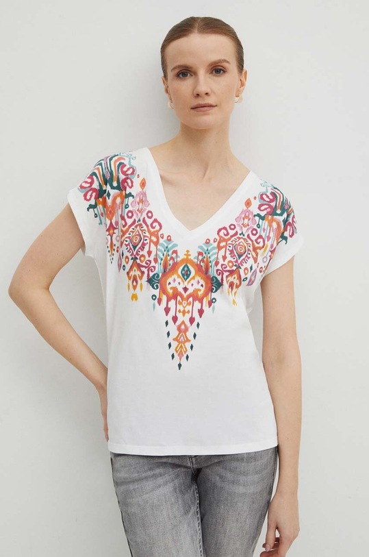 T-shirt bawełniany damski z nadrukiem kolor kremowy bawełna kremowy RS24.TSD507